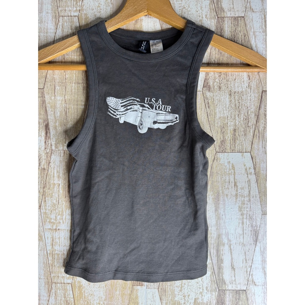 H&M Divided USA Tour Graphic Ribbed Tank Top Charcoal Grey Size XS